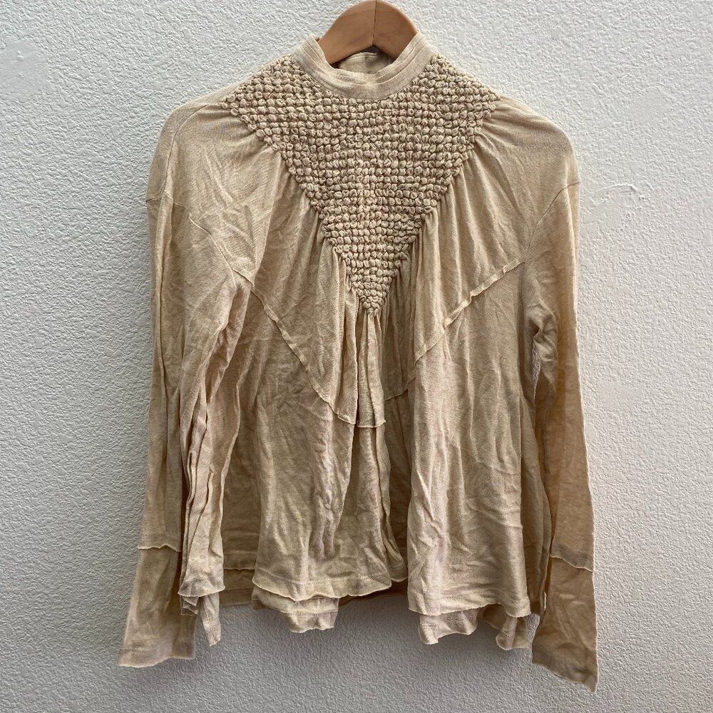 Free People Cream Smocked Yoke Long Sleeve Top
